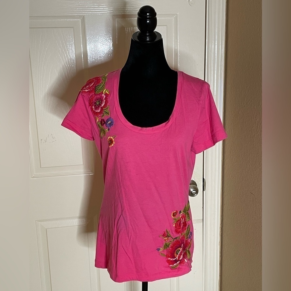Johnny Was Floral Embroidered Cotton Jersey T-Shirt Large - Picture 6 of 11